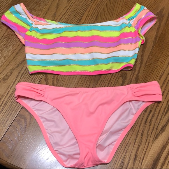 Victoria Secret Bikini ladies Medium Top Large Bottoms Neon Gold Swimsuit Beach - Picture 1 of 10